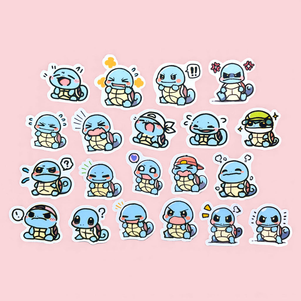 20 Squirtle chibi mood stickers arranged in a cute pastel kawaii collection