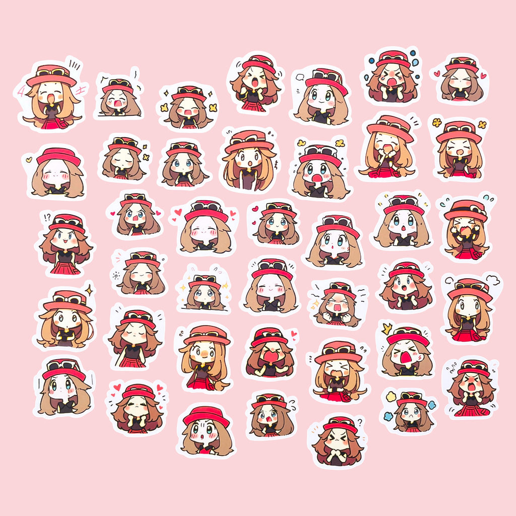 40 Serena chibi trainer mood stickers arranged in a pastel kawaii collection